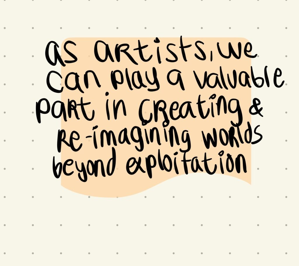handwritten text on orange shape on sepia-toned dotted paper reads: "as artists, we can play a valuable part in creating and re-imagining worlds beyond exploitation"